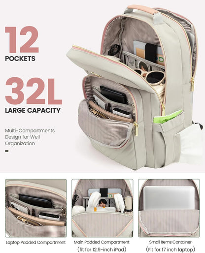 LOVEVOOK Laptop Backpack for Women, Travel Computer Work Bags with 17-inch Laptop Compartment, College School Student Bag Teen Backpacks For Girls, Outdoor Carry On Backpack Purse, Grey Pink