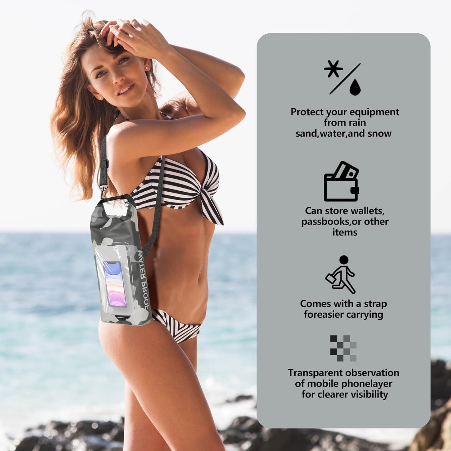 IP68 Waterproof Dry Bag, 2L - Roll Top Waterproof Pool Bag，Dry Bags for Kayaking Waterproof-w/Phone Pouch,Large Waterproof Phone Pouch,Boating & Kayak Accessories Camping (Gray 2L)