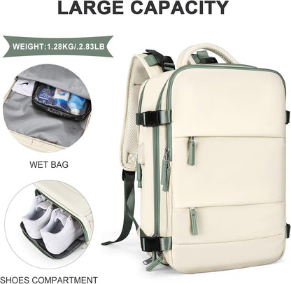 coowoz Large Travel Backpack for Women Men,Carry On Backpack Flight Approved,Hiking Backpack Outdoor Rucksack Casual Daypack Fit 15.6 Inch Laptop Shoes Compartment White Green L
