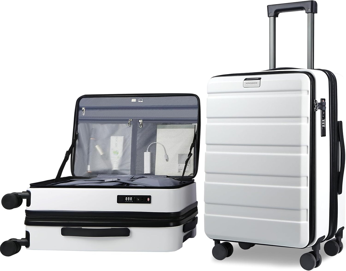 KROSER Carry On Luggage with Spinner Wheels & Built-in TSA Lock, Expandable Top Loading Hard Shell Suitcase Large Capacity Durable Rolling Luggage with USB Port, Carry-On 20-Inch, White