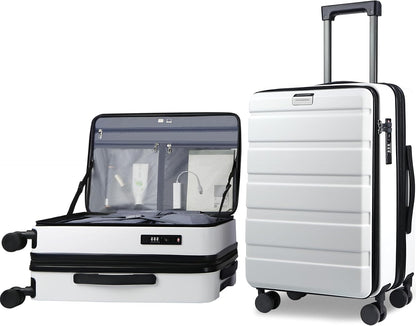 KROSER Carry On Luggage with Spinner Wheels & Built-in TSA Lock, Expandable Top Loading Hard Shell Suitcase Large Capacity Durable Rolling Luggage with USB Port, Carry-On 20-Inch, White