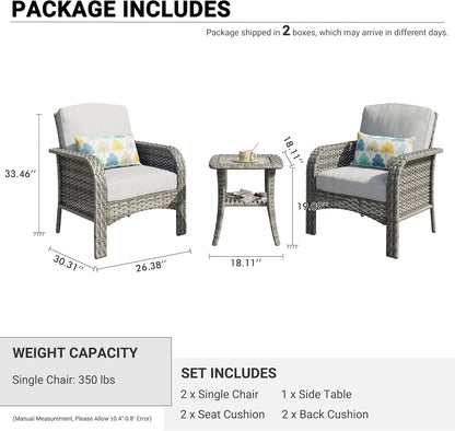 HOOOWOOO Patio Furniture Set,3 Pieces Outdoor Conversation Set,All Weather Wicker Bistro Set Yard Porch High Back Chairs Side Table,Light Gray