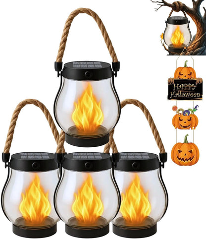 Solar Lantern Outdoor Lights, Flickering LED with Hemp Rope Handle, Dual Charging (Solar & USB), Water-Resistant Hanging Decor for Garden, Yard, Patio, Porch, Pathway, Camping (4)