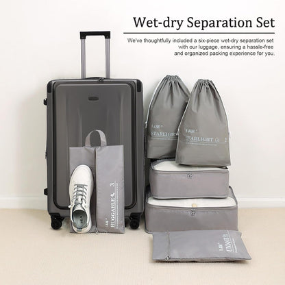 Premium Carry On Luggage, 29 Inch Top Opening Aluminum Frame Airline Approved ABS+PC Hard Shell Suitcases with Silent Wheels, TSA Lock, Front Pocket & Wet-dry Separated Six-piece set