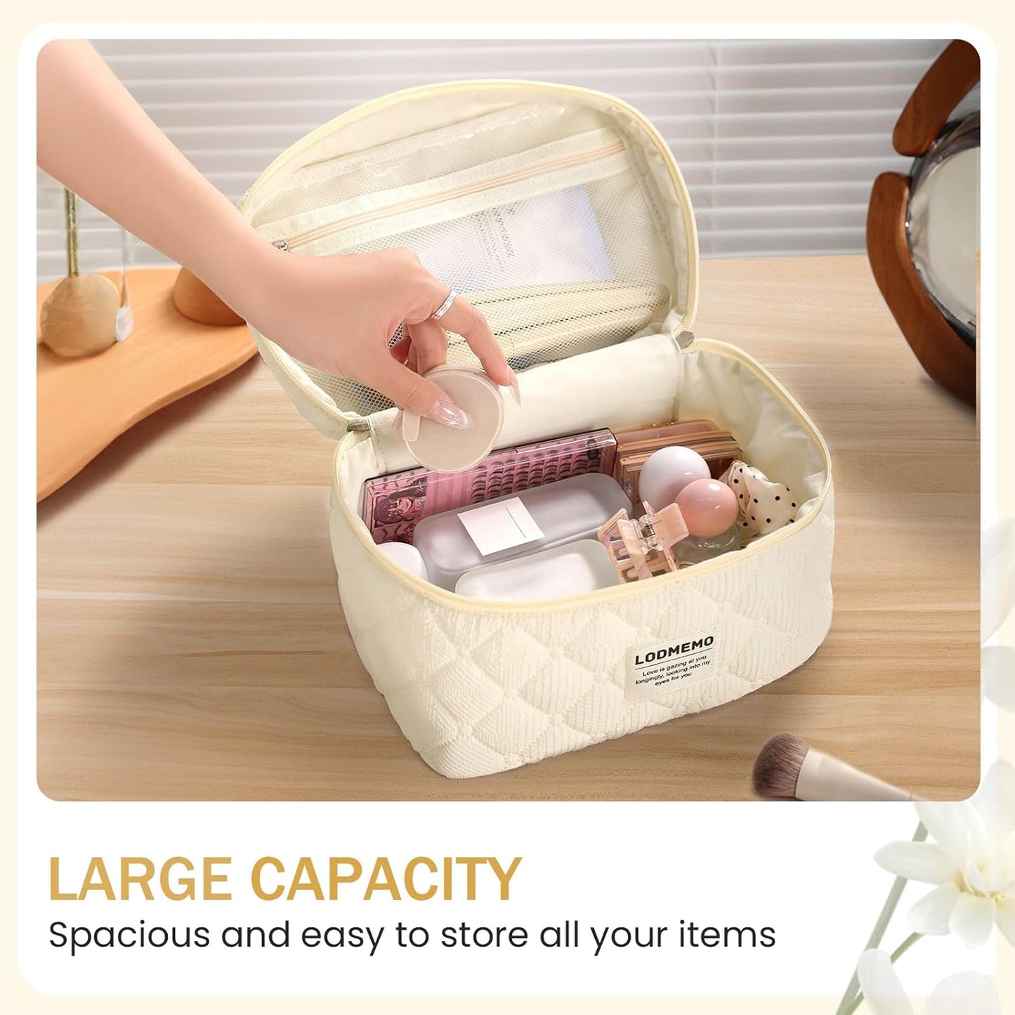 Makeup Bag 3 PCS Cosmetic Bags for Women, Large Travel Make up Bag Set Cute Cotton Toiletry Bag Organizer Pouch for Purse, Beige