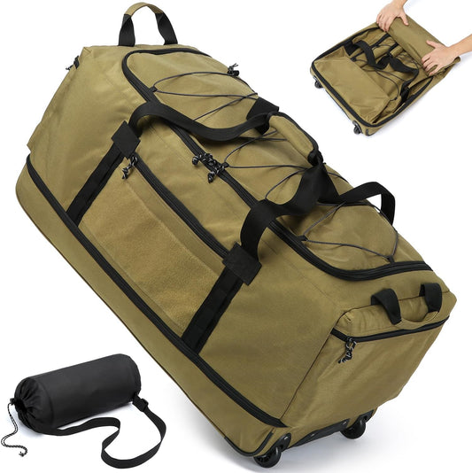 Laripwit Collapsible Duffle Bag with Wheels 130-170L Extra Large Expandable Travel Duffel Bag for Men Women Heavy Duty Military Duffle Bag for Camping Rolling Foldable Carry On Luggage, Brown