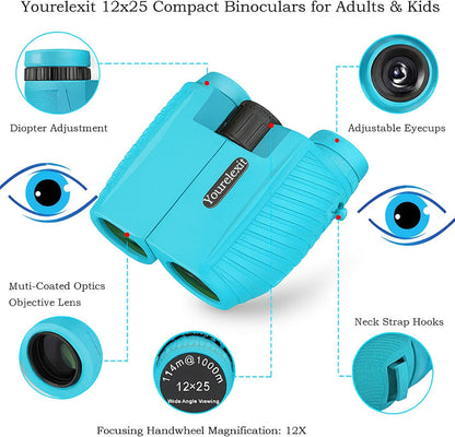 12x25 Compact Binoculars for Adults & Kids, High Powered Lightweight Waterproof Binoculars with Large Eyepiece, Low Light Vision for Bird Watching, Hunting, Travel, and Sightseeing