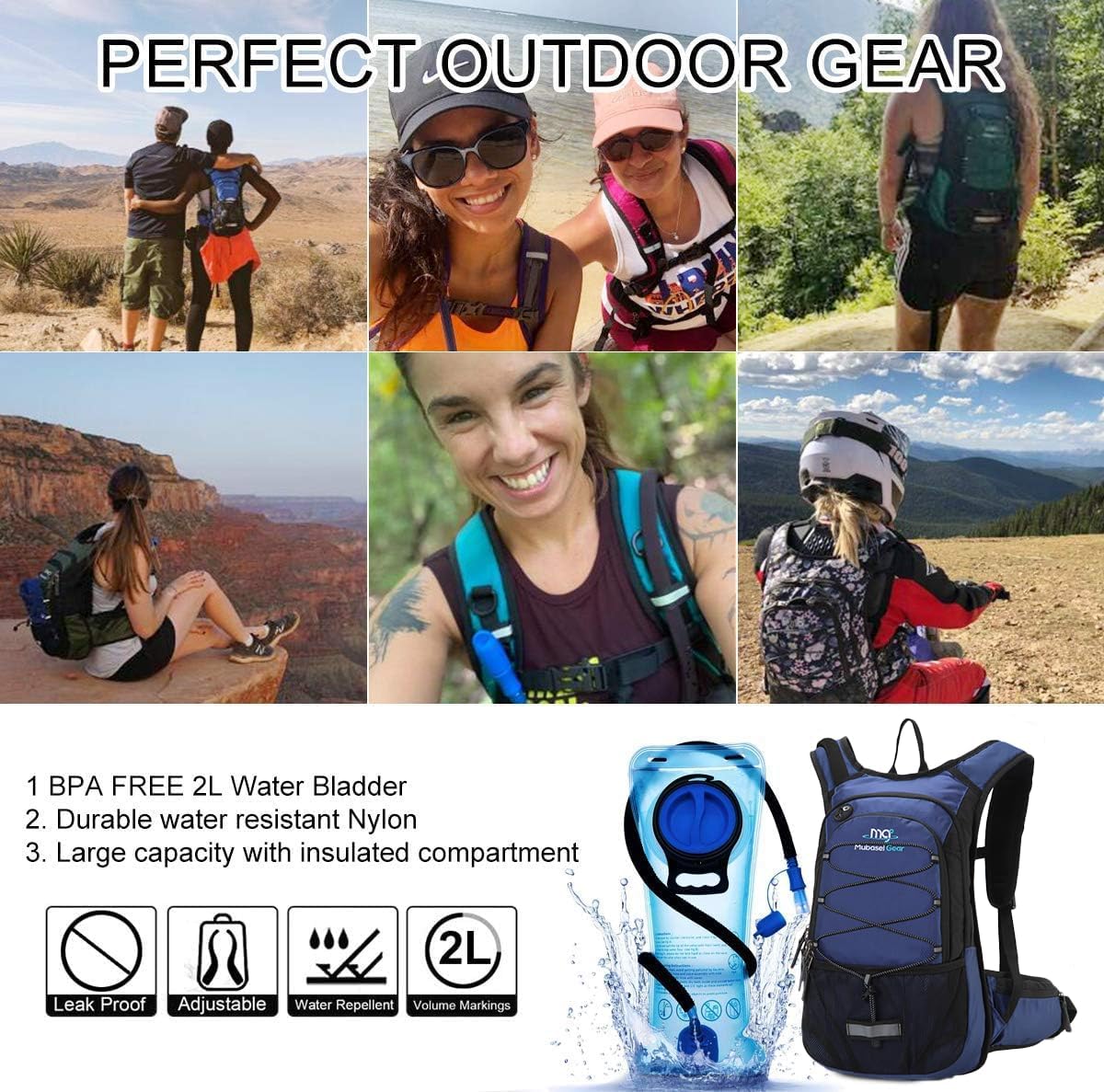 15L Insulated Hydration Backpack Pack with 2L Water Bladder Lightweight Hiking Backpack Bag for Women Men Daypack for Hiking Running Festival Camping Biking