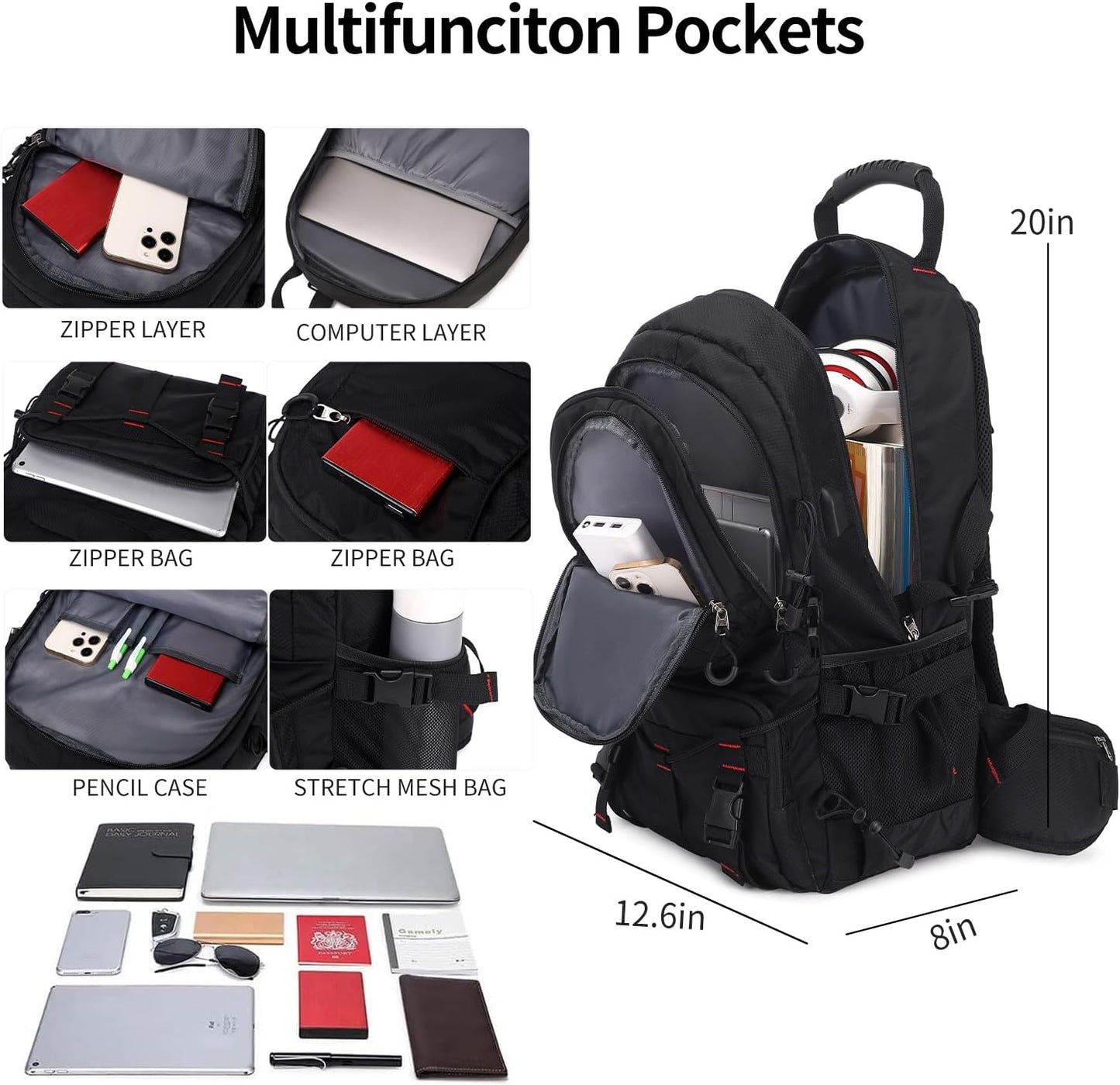 Nerlion 40L Hiking Backpack Travel Backpack for Men Women Camping Waterproof Outdoor Hiking Daypack Lightweight Backpack (Black)