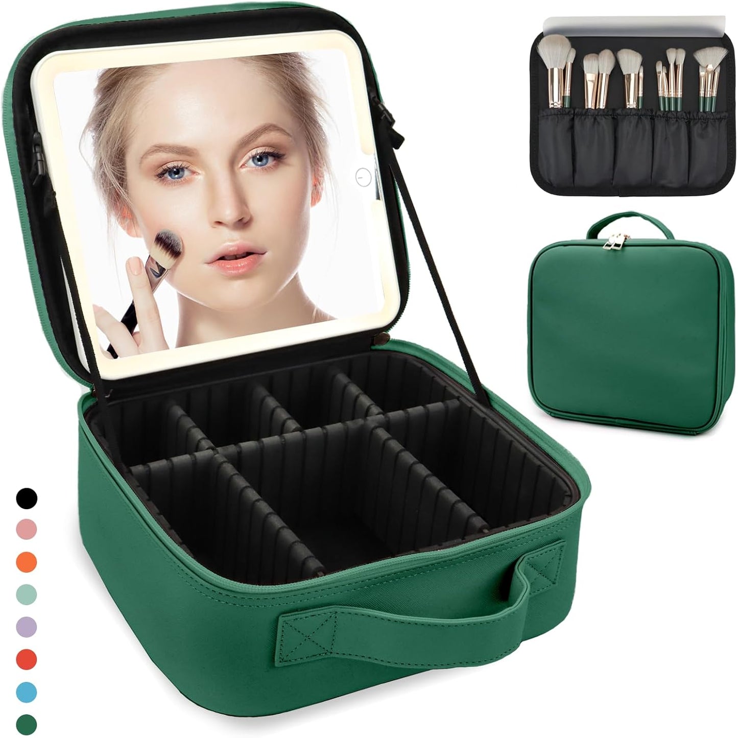 Travel Makeup Bag for Women and Makeup Artists Cosmetic Organizer Large Makeup Case,Travel Makeup Bag with Mirror 3 Color Setting,Portable Storage and Adjustable Dividers(Dark green)