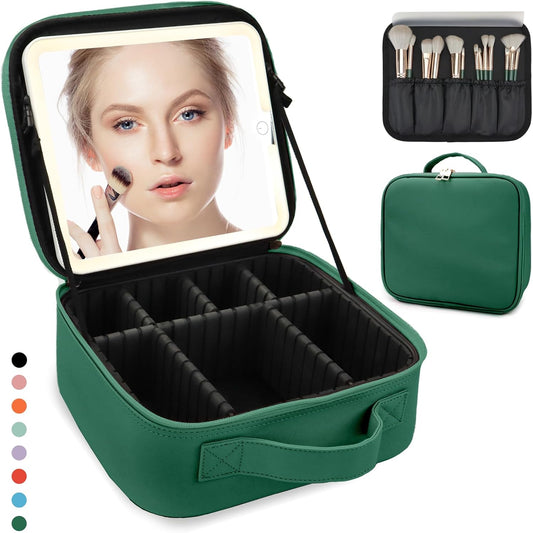 Travel Makeup Bag for Women and Makeup Artists Cosmetic Organizer Large Makeup Case,Travel Makeup Bag with Mirror 3 Color Setting,Portable Storage and Adjustable Dividers(Dark green)