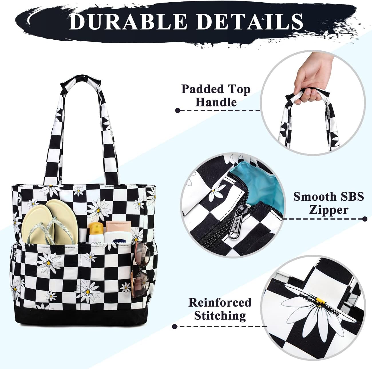 VASCHY Beach Bag for Women, Large Waterproof Sandproof Fold-able Packable Pool Tote Bag w Zipper/Pockets