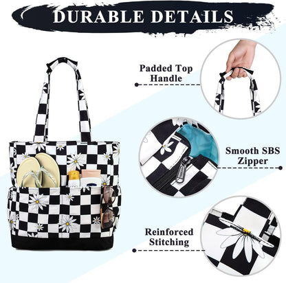 VASCHY Beach Bag for Women, Large Waterproof Sandproof Fold-able Packable Pool Tote Bag w Zipper/Pockets