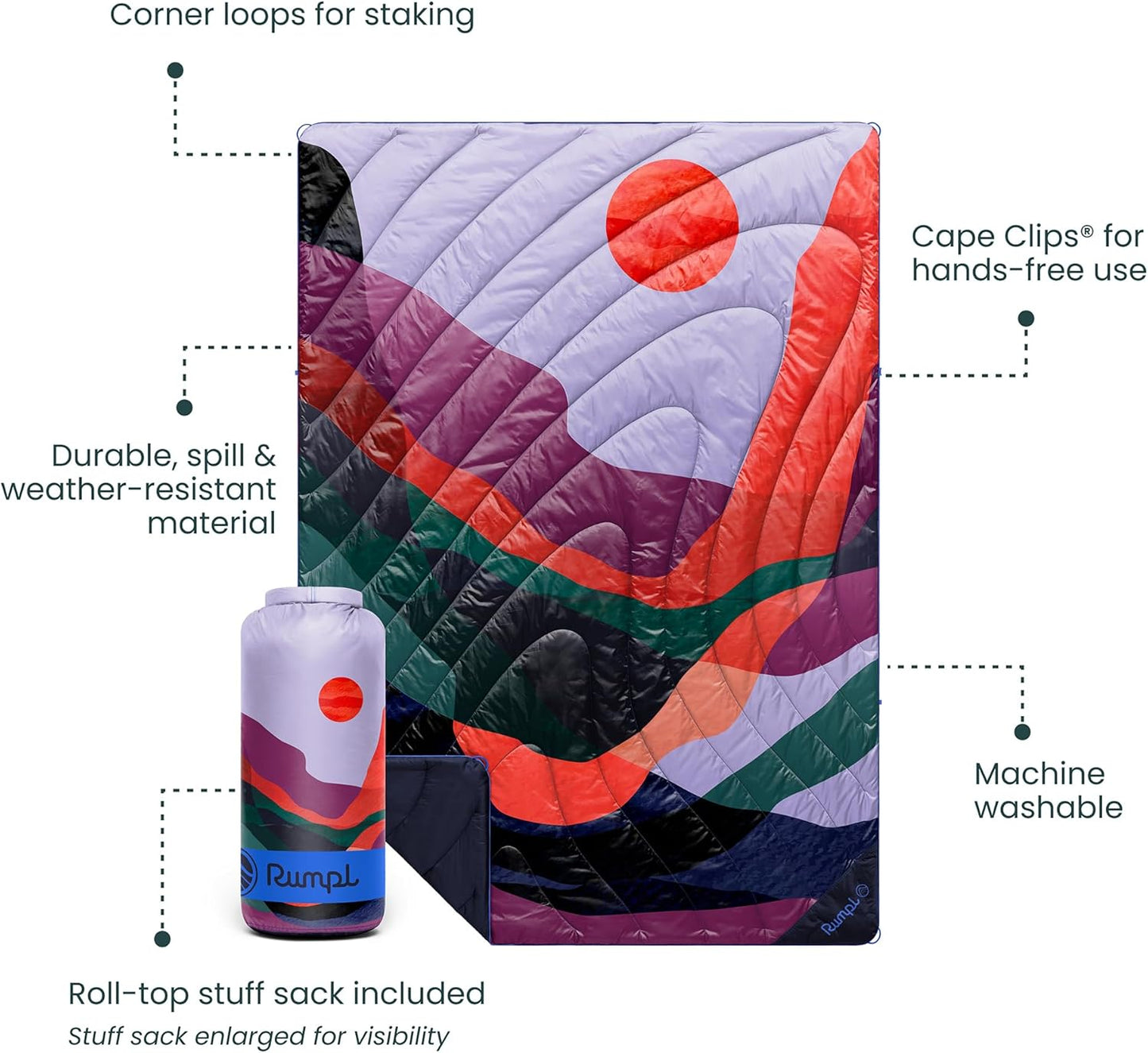 Rumpl Original Puffy Blanket - Warm, Water-Resistant Camping Blanket with 100% Recycled Synthetic Insulation, 52"x75", Original Puffy V2, Valley Dusk