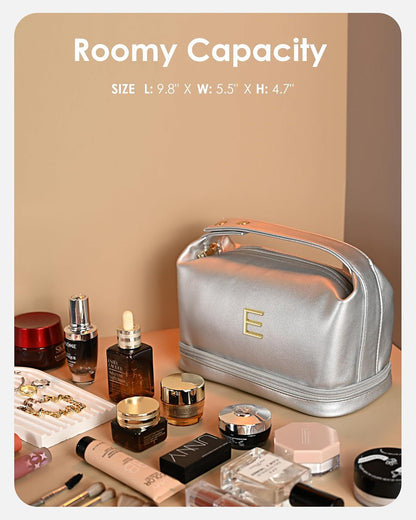 College Gifts for Women, Personalized Makeup Bag with Handle, Initial Double Layer Cosmetic Bag with Makeup Brush Organizer, Cute Cosmetic Pouch for Women, Gifts for Friends Female Mom