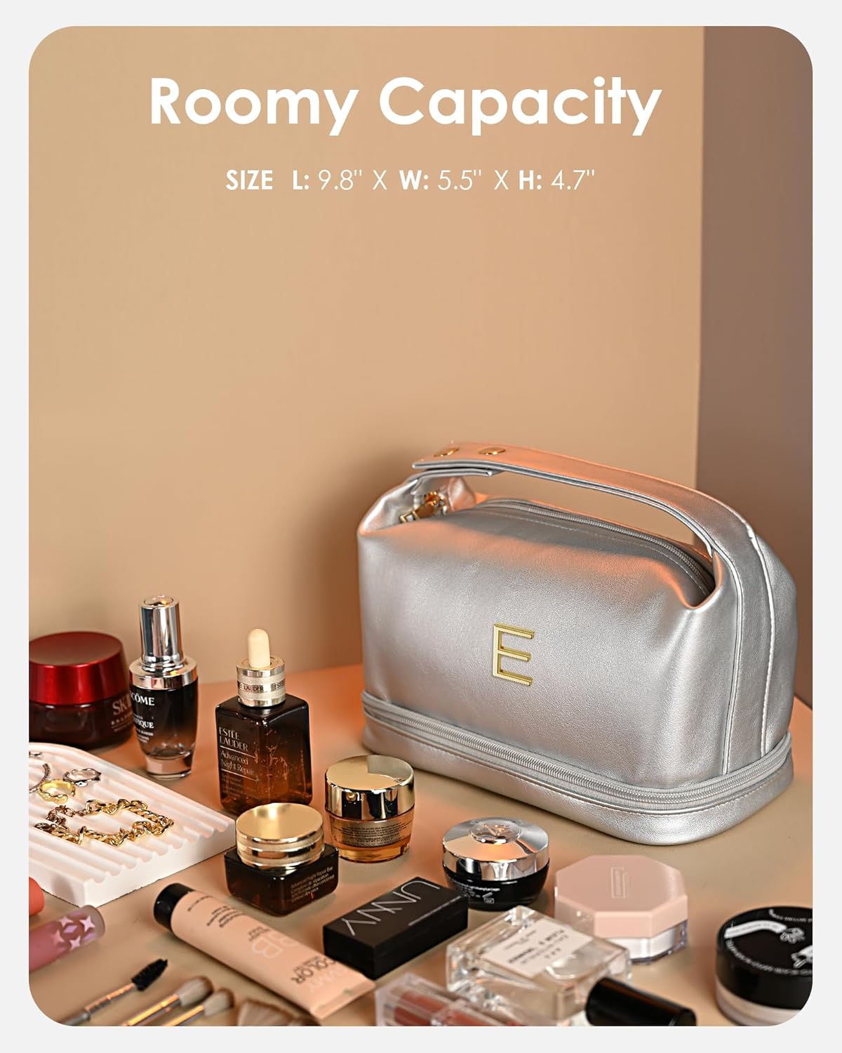 Gifts With Initials for Women, Personalized Makeup Bag with Handle, Initial Double Layer Cosmetic Bag with Makeup Brush Organizer, Cute Cosmetic Pouch for Women, Gifts for Friends Female