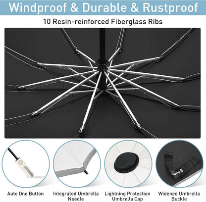 Bodyguard Inverted Umbrella - Large Windproof for Rain & Sun, Compact Reverse With Reflective Stripe, Teflon-Coated for Women Men, Travel Folding With Cover Bag