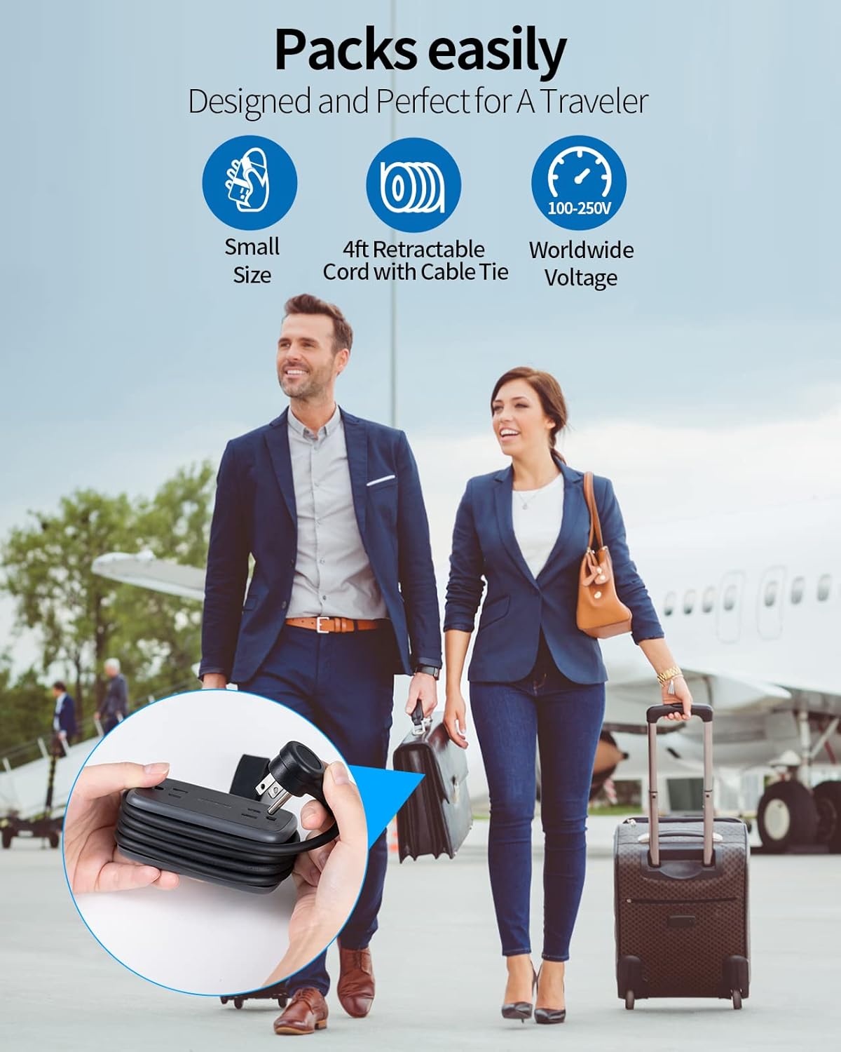 2 Pack Power Strip with USB Ports, 4 Outlets 3 USB Ports, NTONPOWER Small Power Strip with 4ft Short Extension Cord Retractable, Compact Size for Travel, Home Office, Hotel, Black