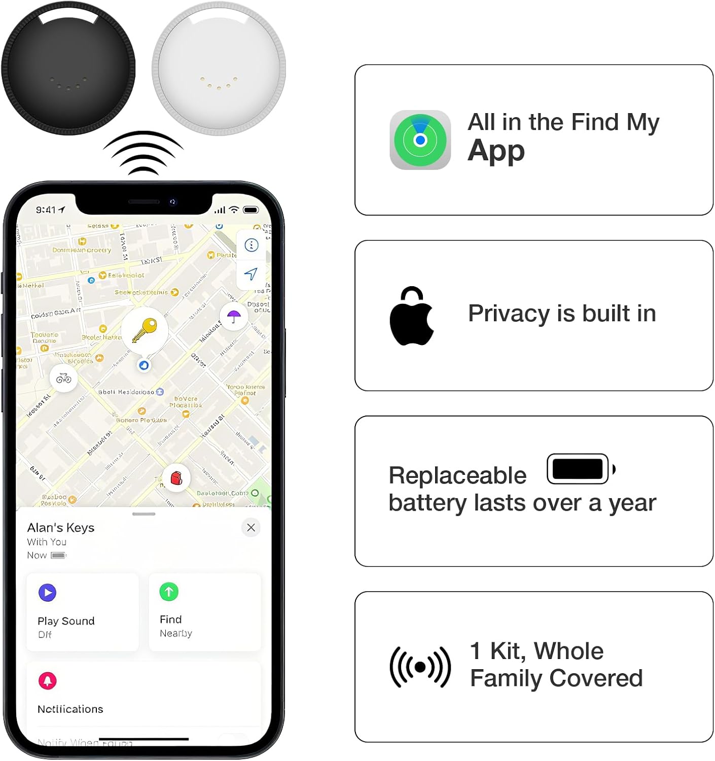 Air Tracker Tags 4-Pack, Item Finders Work for Apple Find My APP (iOS Only) Tracker Tags for Keys, Pet, Luggage, Bag, Replaceable Battery Last 1 Year, Loud Beep, with Waterproof Holder Keychain