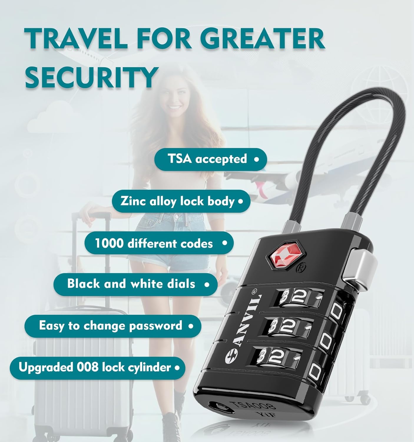 ANVIL TSA Approved Luggage Locks – High Security TSA008 Combination Travel Locks with Inspection Indicator for Suitcases and Backpacks. (4, Black)