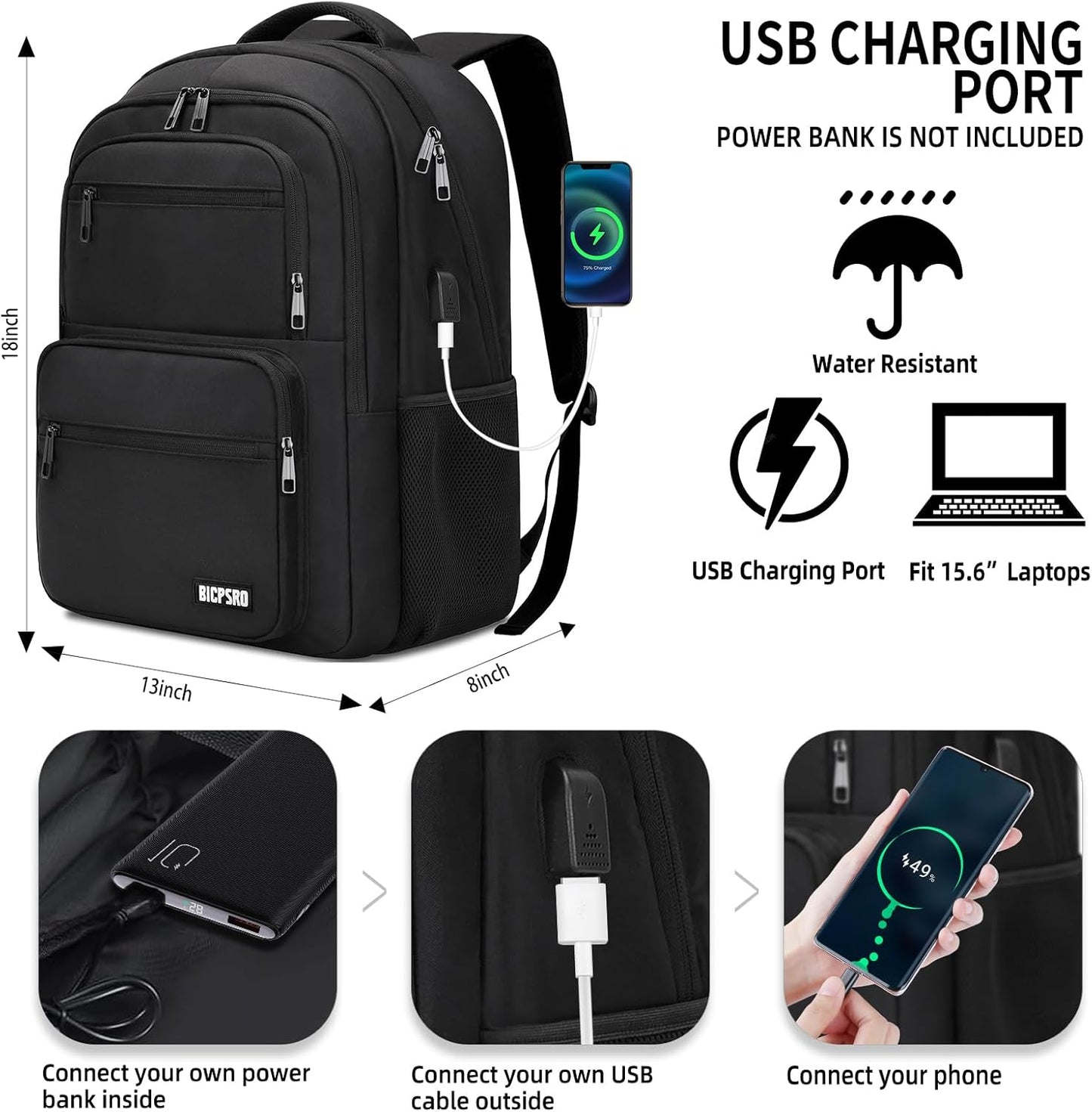Black Backpack for Men Women, 15.6 inch Laptop Backpack for School, School Backpack for Boys Girls Teens, College Book Bag with USB Port, Water Resistant Bookbag, Business Work Travel