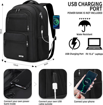 Black Backpack for Men Women, 15.6 inch Laptop Backpack for School, School Backpack for Boys Girls Teens, College Book Bag with USB Port, Water Resistant Bookbag, Business Work Travel