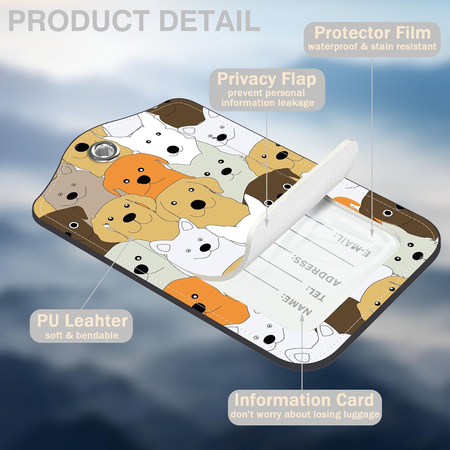 Cute Doodle Dog Set of 2 Luggage Tags for Suitcases Leather Suitcase Tags Identifiers with Privacy Name Address Label and Stainless Steel Loop for Women Men Travel Luggage Accessories