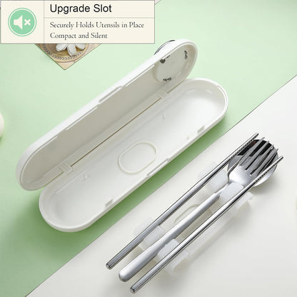 DEVICO Travel Utensils with Case Cute, Reusable Silverware for Lunch, Portable Cutlery Set, 18/8 Stainless Steel Fork Spoon Chopsticks in Cartoon Case, Dishwasher Safe (White)