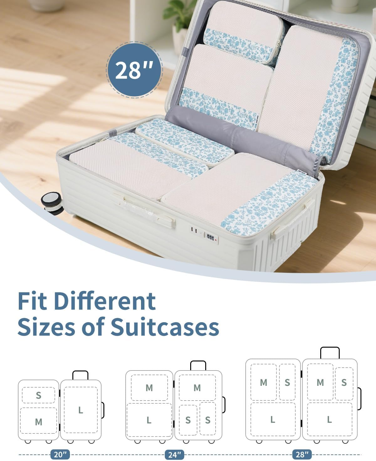 Narwey 7 Set Floral Packing Cubes for Travel Carry on Suitcase Luggage Organizer Bags for Kids Women Men, Durable Packing Organizers Bag, Travel Essentials Accessories (Little Blue Flower)