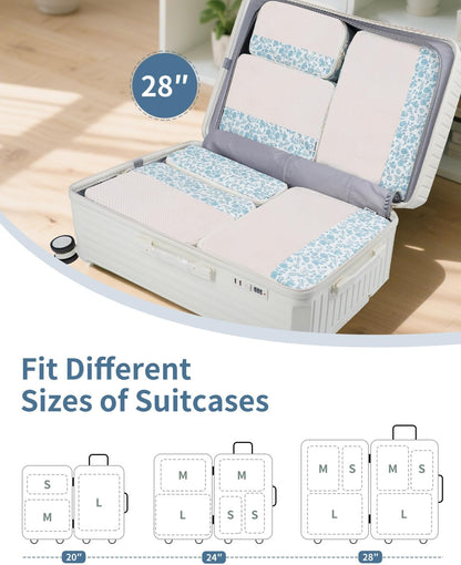 Narwey 7 Set Floral Packing Cubes for Travel Carry on Suitcase Luggage Organizer Bags for Kids Women Men, Durable Packing Organizers Bag, Travel Essentials Accessories (Little Blue Flower)