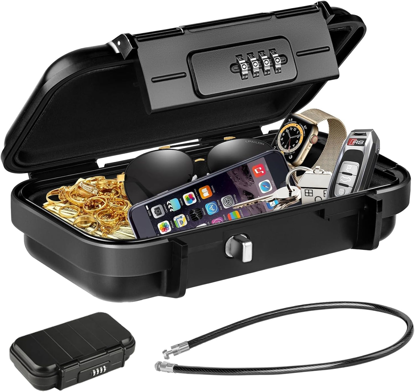 HUANLANG Portable Safe Lock Box with Combination Lock Mini Beach Travel Safe Waterproof Small Lockable Box with Removable Wire Rope Combination Safe Box for Dorm,Travel,Beach,Hotel,Car,Home,Office