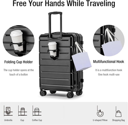 KYME Luggage Sets 2 Piece Hardshell 22"/26" Suitcase with Spinner Wheels Hardside Suitcases Sets with TSA Lock Lightweight Travel Luggage Set with Cup Holder for Women Men Black