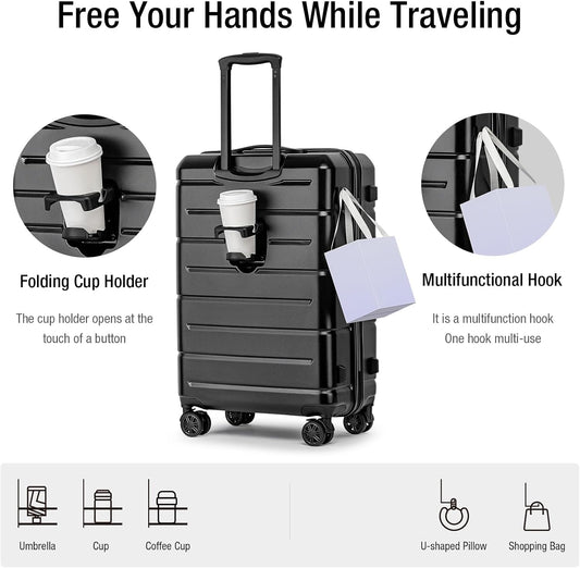 KYME Luggage Sets 2 Piece Hardshell 22"/26" Suitcase with Spinner Wheels Hardside Suitcases Sets with TSA Lock Lightweight Travel Luggage Set with Cup Holder for Women Men Black