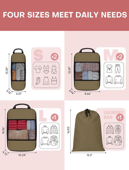 6 PCS Set Compression Packing Cubes for Travel, Lightweight Packing Organizer Bags Travel Essentials for Carry On, Suitcase,Home Closet - Brown