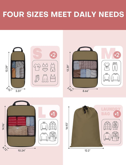 6 PCS Set Compression Packing Cubes for Travel, Lightweight Packing Organizer Bags Travel Essentials for Carry On, Suitcase,Home Closet - Brown