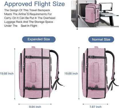 Carry On Backpack, 40-50L Travel Backpack for Men & Women, Expandable Backpack For Airplanes, 17 Inch Laptop Backpack, Luggage Suitcase 40L Daypack Lightweight Business Weekender Bag, Light Pink