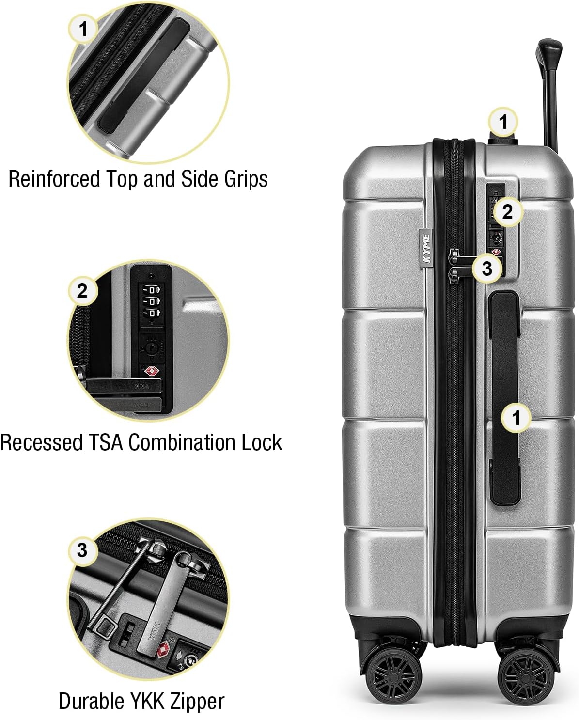 KYME Luggage Sets 2 Piece Hardshell 22"/26" Suitcase with Spinner Wheels Durable Suitcases Sets with TSA Lock Lightweight Travel Luggage Set for Women Men Silver Grey