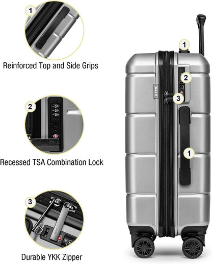 KYME Luggage Sets 2 Piece Hardshell 22"/26" Suitcase with Spinner Wheels Durable Suitcases Sets with TSA Lock Lightweight Travel Luggage Set for Women Men Silver Grey