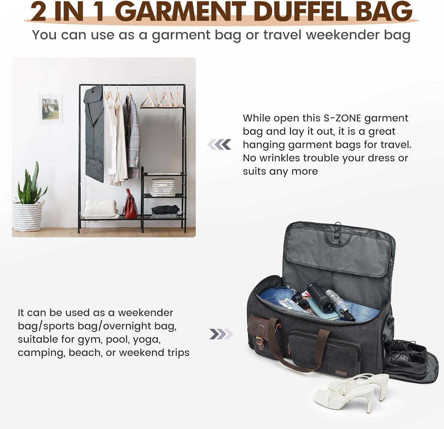 S-ZONE Garment Bags for Travel Convertible Garment Duffle Bags for Travel Suit Carry on Luggage for Men Hanging Suitcase