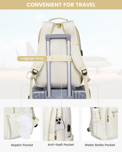 LOVEVOOK Laptop Backpack Purse for Women, Work Travel Computer Bags, College School Backpack for Student Girl, Quilted Casual Daypack with USB Port, Fit 15.6 Inch Laptop, Beige White