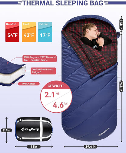KingCamp Sleeping Bag for Adults, Cold Weather & Warm Extra Wide Big & Tall XL Portable Waterproof Flannel Sleeping Bags, Essentials Gear Accessories for Camping Backpacking Hiking Indoor & Outdoor