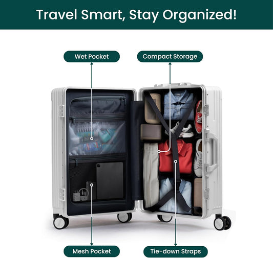 Nobl Travel Zipperless Check In Suitcase - Aluminum Frame, Check In luggage 30.2x20x12 Airline Approved by Noble Travel - Unbreakable Polycarbonate Shell - Dual TSA Locks, 360° Spinner Wheels - White