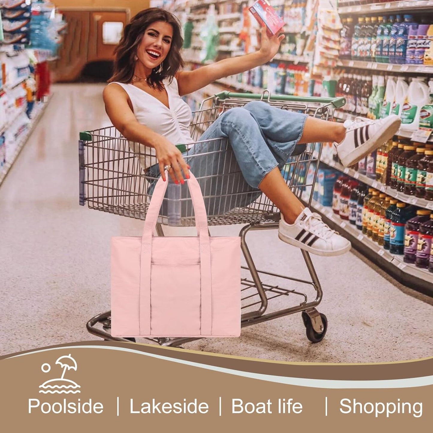 LEDAOU Beach Bags for Women, Beach Bags Waterproof Sandproof, Packable Beach Tote Bag with Zipper Travel Sports