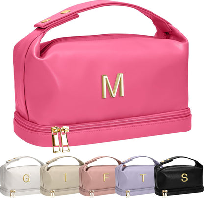 Gifts for Teen Girls 16-18, Personalized Makeup Bag with Handle, Initial Double Layer Cosmetic Bag with Makeup Brush Organizer, Cute Cosmetic Pouch for Women, Gifts for Friends Female Mom