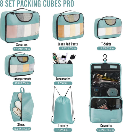Veken 8 Set Packing Cubes for Travel Essentials, Suitcase Organizer Bags in 4 Sizes, Carry-On Luggage Accessories with Large Laundry & Hanging Toiletry Bag, Must-Have for Airplane, Road Trip & Camping