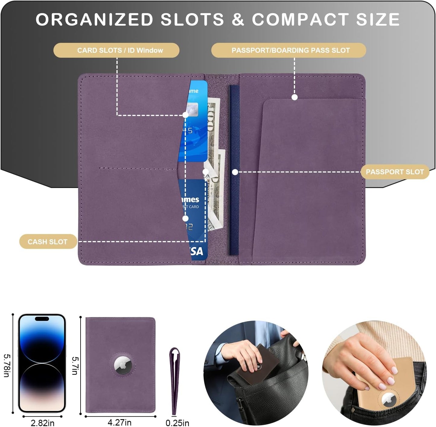 Airtag Passport Holder for Women Men Travel, Real Leather Passport Wallet, Handmade Passport Cover Case with Airtag Slot, Travel Must Haves Essentials Accessories Birthday Gifts (Crazy Horse, Purple)