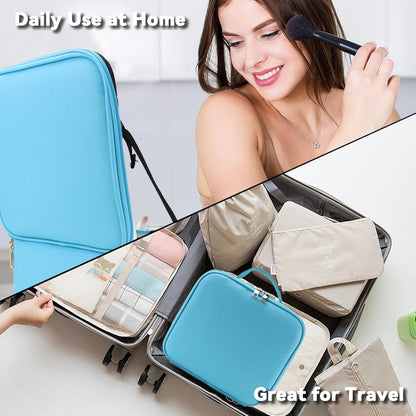 Travel Makeup Bag with LED Mirror and 10x magnifying glass with 3 Lighted Settings, Adjustable Dividers and Makeup Brush Storage Bag Blue