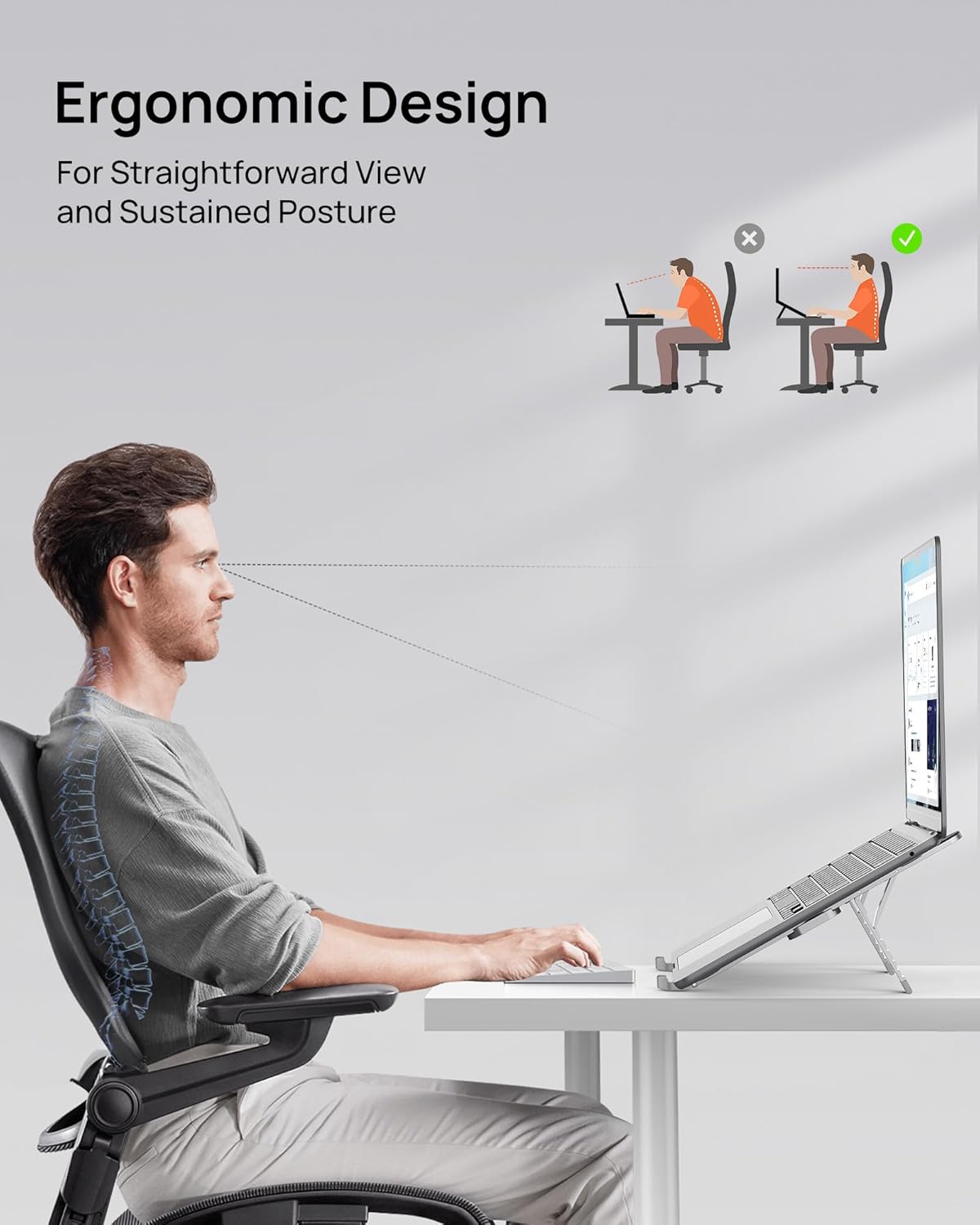 SODI Ultra Compact Foldable Laptop Stand - Portable Laptop Holder for Desk & Travel Use, Ergonomic Aluminum Computer Holder with Adjustable Height for MacBook, Tablet 10-16" (Light Gray, Bi-Fold)