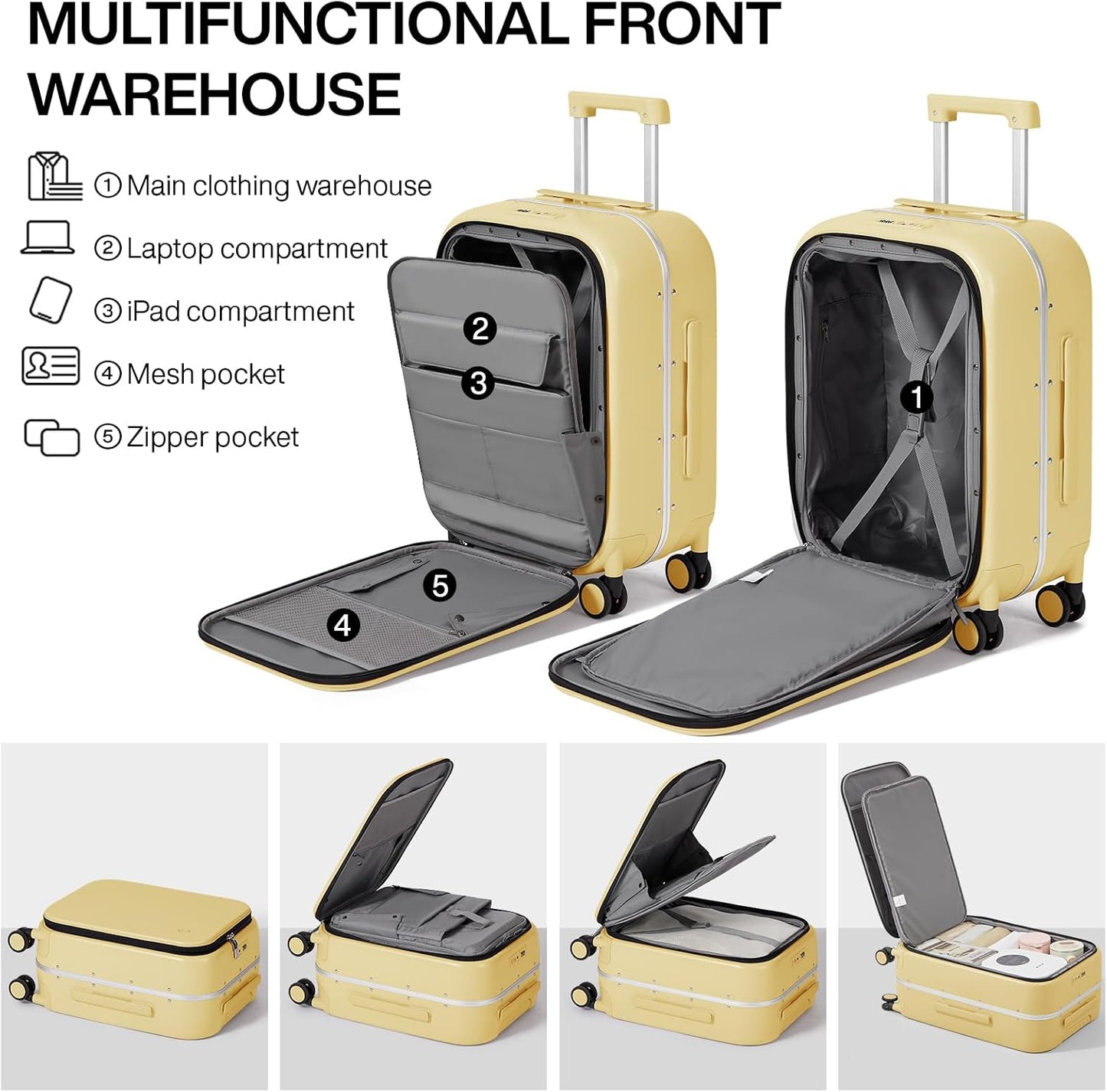 mixi Luggage Suitcase with Spinner Wheels, 24'' Checked Travel Luggage Aluminum Frame PC Hardside with TSA Lock & Cover - Lark Yellow