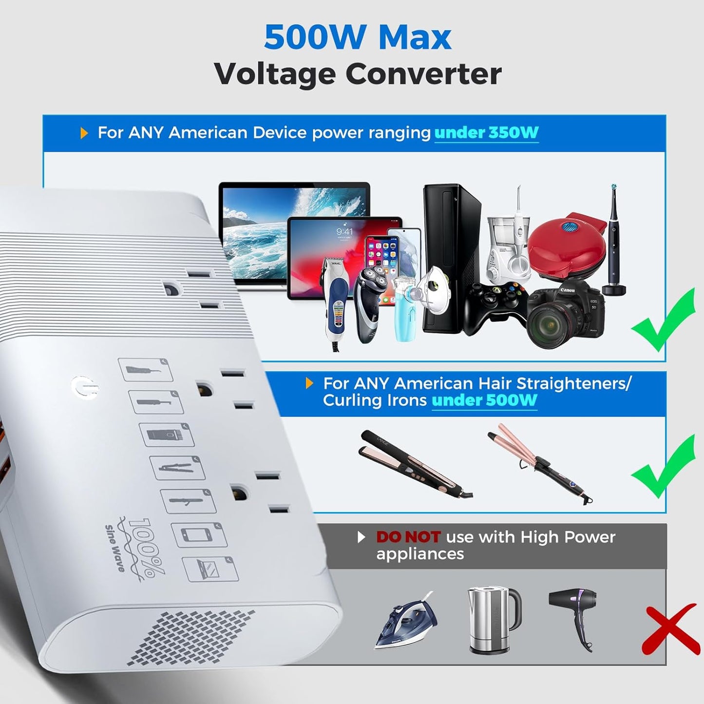 [Game-Changer] DOACE 500W Max 220V to 110V Converter, 50Hz to 60Hz Voltage Converter for European Travel, 100% Pure Sine Wave Power Converter US to Europe for CPAP Hair Straightener Laptop Cell Phone